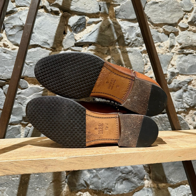 Branded outsole of Gucci Studded Brown Leather Lace-up Shoes