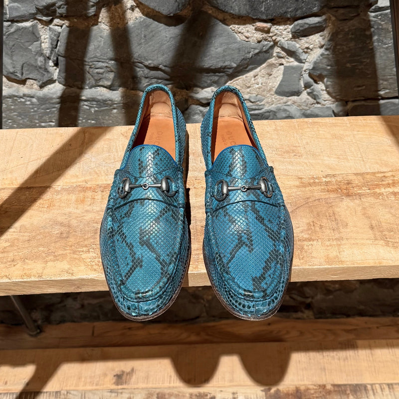 Top view of Gucci Turquoise Python Horsebit Loafers