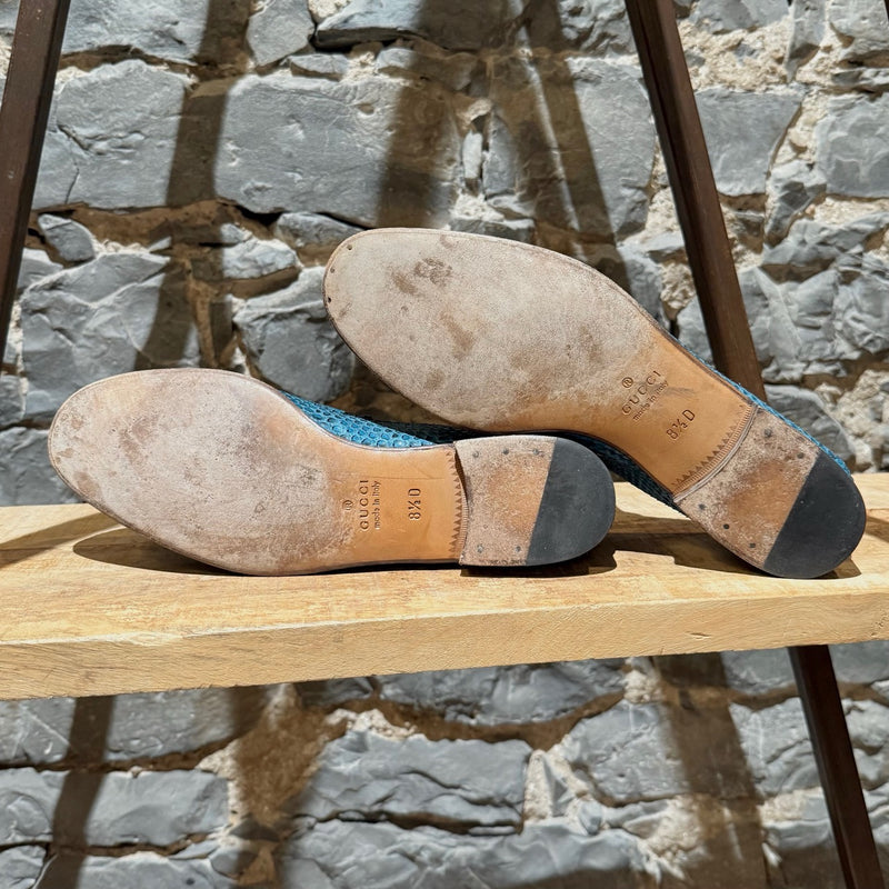 Branded outsole of Gucci Turquoise Python Horsebit Loafers