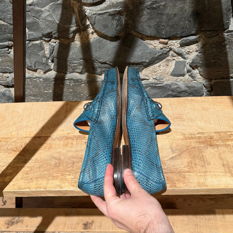 Side-by-side view of Gucci Turquoise Python Horsebit Loafers