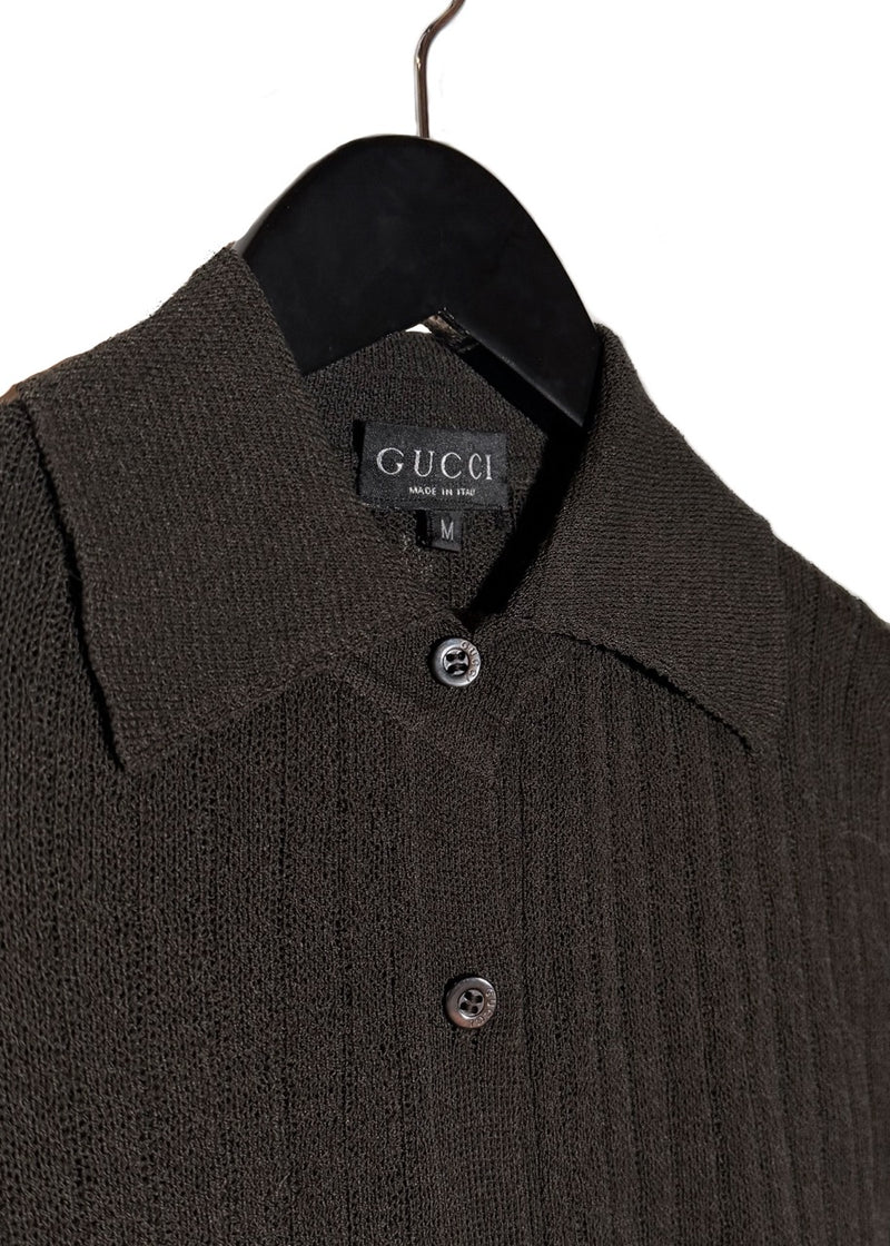 Close up of Gucci Vintage 90s Brown Light Knit Cardigan Sweater