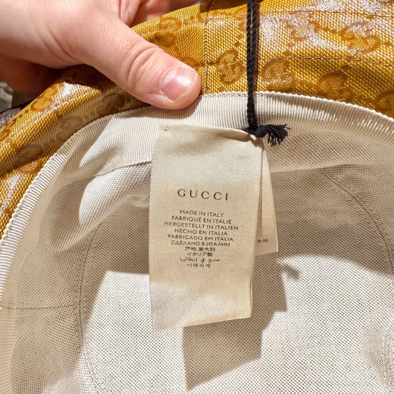 Brand label on Gucci X Adidas Brown Logo GG Crystal Bucket Hat