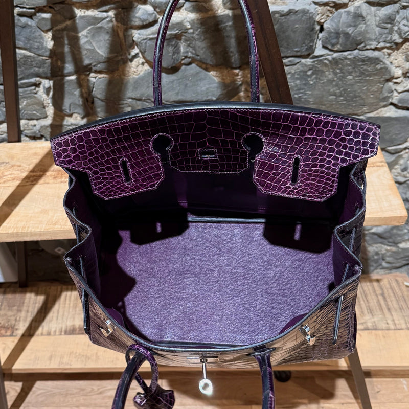 Interior view of Hermès Amethyst Porosus Crocodile Birkin 35 Bag showing leather lining and compartments