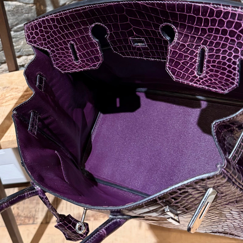 Interior view of Hermès Amethyst Porosus Crocodile Birkin 35 Bag showing leather lining and compartments