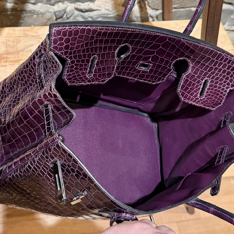 Interior view of Hermès Amethyst Porosus Crocodile Birkin 35 Bag showing leather lining and compartments