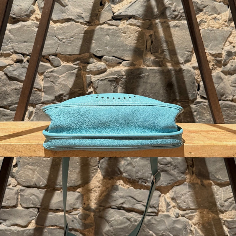 Bottom view of Hermès 2015 Bleu Atoll Clemence Evelyne III Crossbody Bag