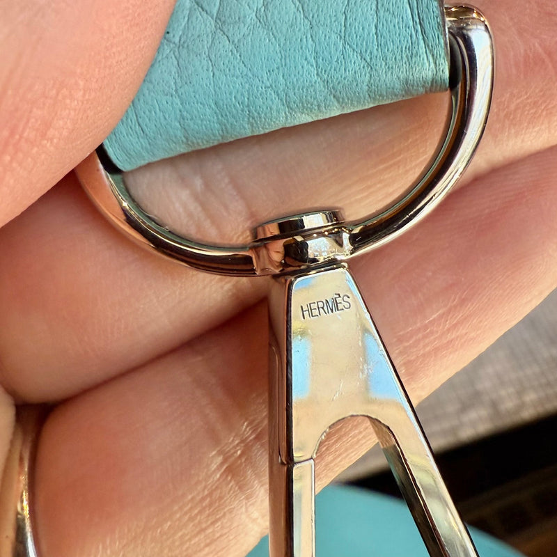 Branded hardware of Hermès 2015 Bleu Atoll Clemence Evelyne III Crossbody Bag