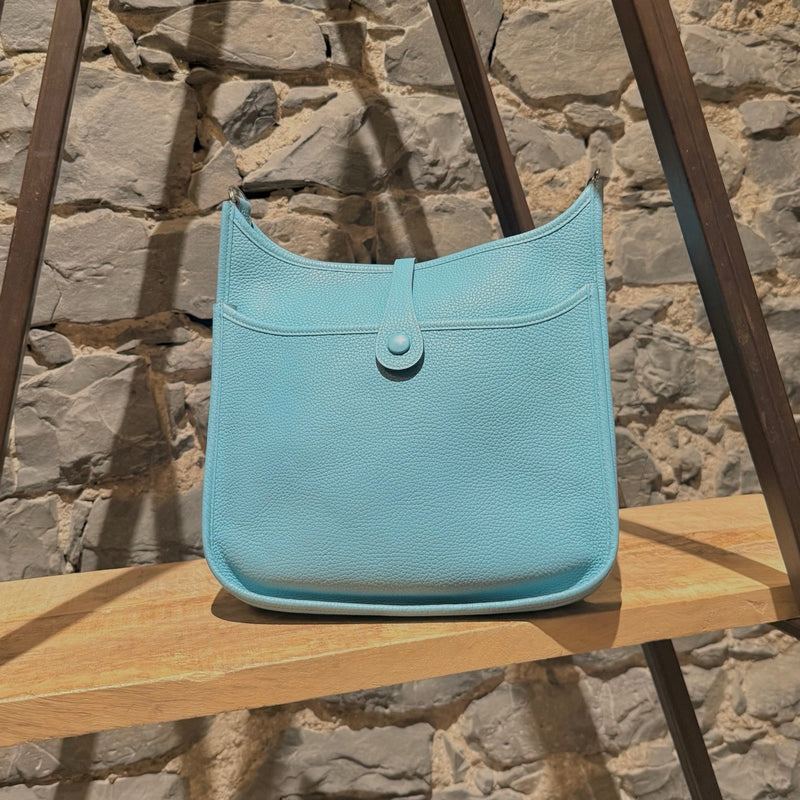 Back view of Hermès 2015 Bleu Atoll Clemence Evelyne III Crossbody Bag