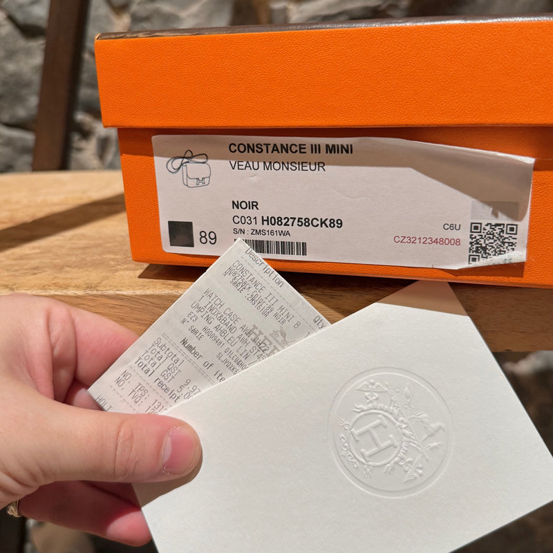 Receipt and box of Hermès 2021 Limited Edition Black Monsieur Studio Disco Mini Constance III 18 Bag