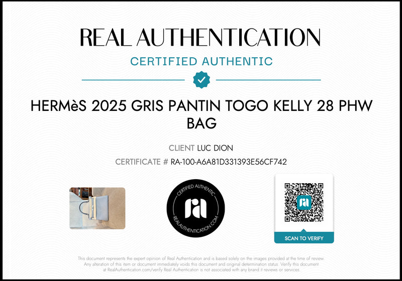 Authenticity certificate of Hermès 2025 Gris Pantin Togo Kelly Retourne 28 PHW Bag