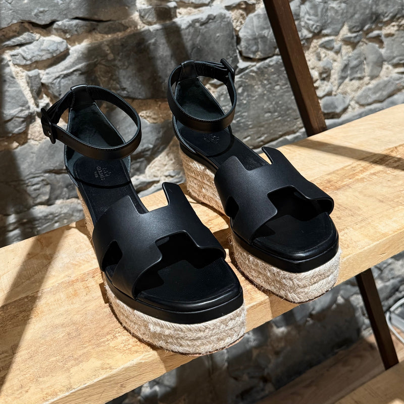 Hermès Black Leather Elda Wedges Espadrilles H Sandals