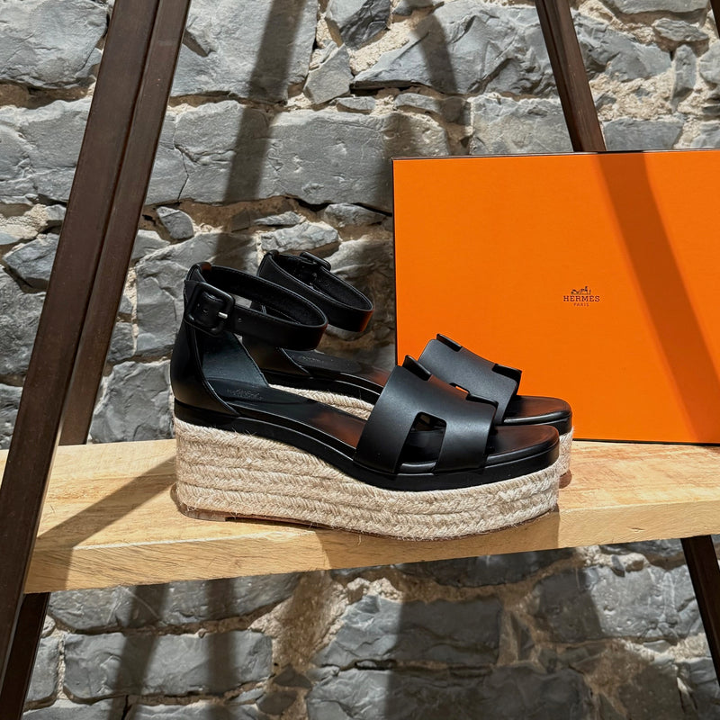 Hermès Black Leather Elda Wedges Espadrilles H Sandals