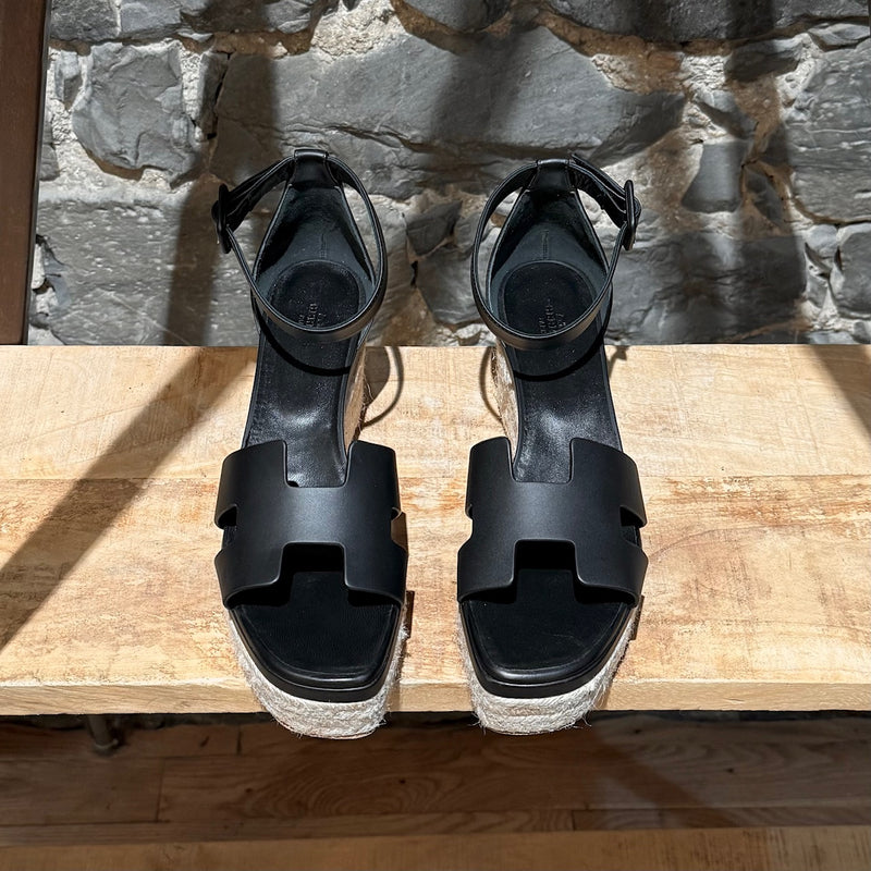 Hermès Black Leather Elda Wedges Espadrilles H Sandals