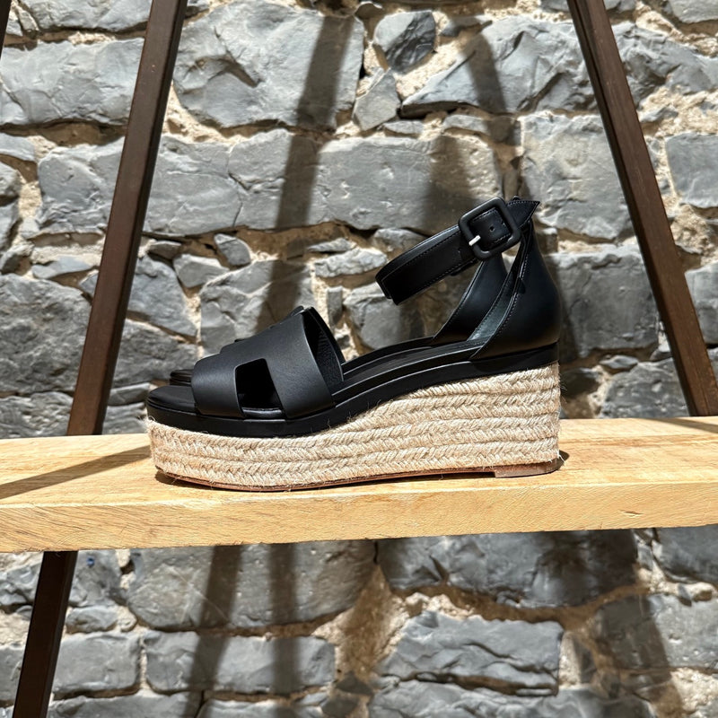 Hermès Black Leather Elda Wedges Espadrilles H Sandals