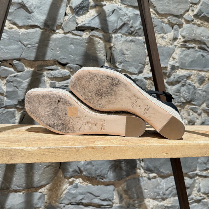 Hermès Black Leather Elda Wedges Espadrilles H Sandals