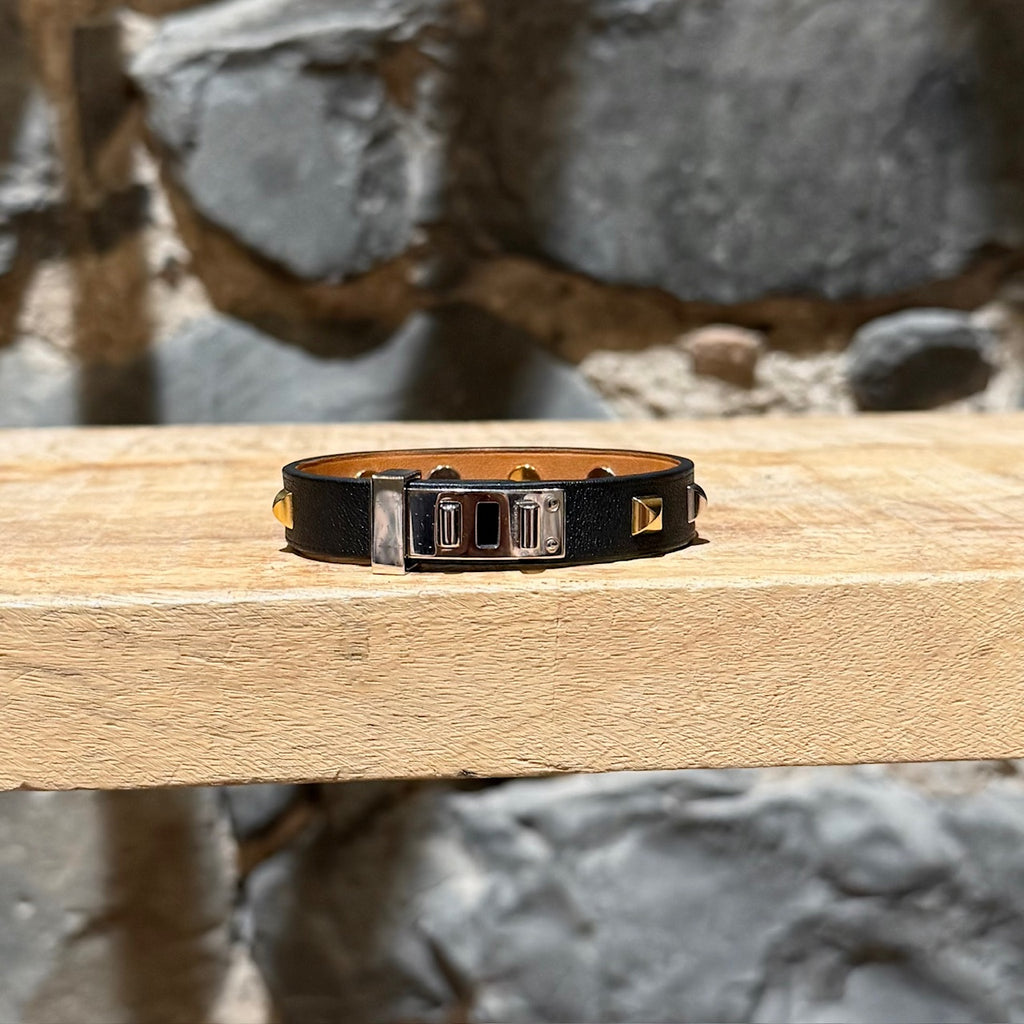 Back view of Hermès Black Leather Mini Dog Gold Platinum Studded Bracelet