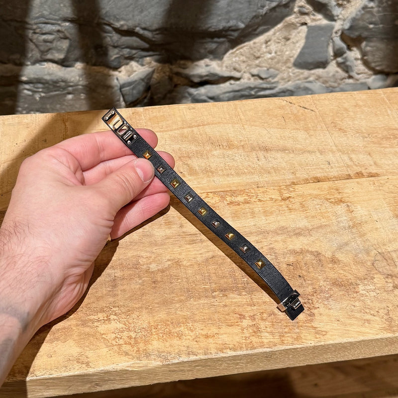 Opened Hermès Black Leather Mini Dog Gold Platinum Studded Bracelet