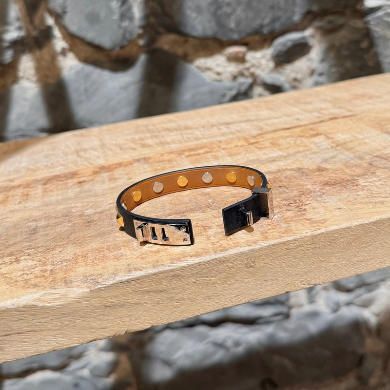 Reverse side of Hermès Black Leather Mini Dog Gold Platinum Studded Bracelet