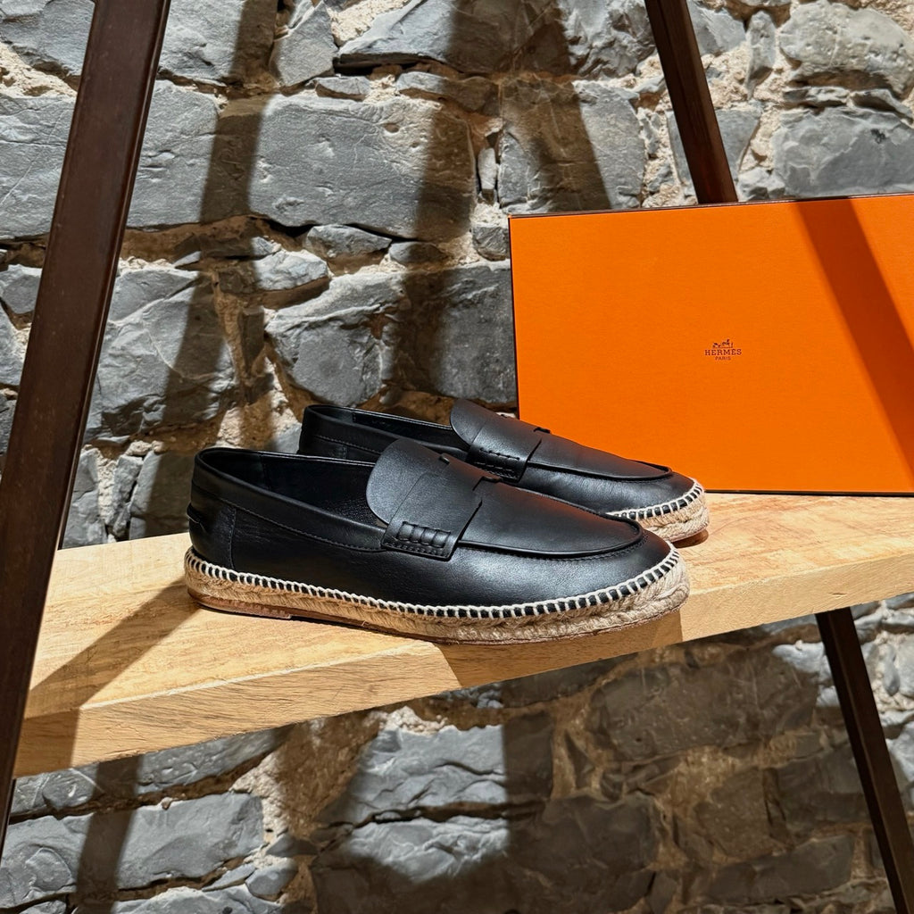 Main photo of Hermès Black Leather Trip H Mocassin Espadrilles