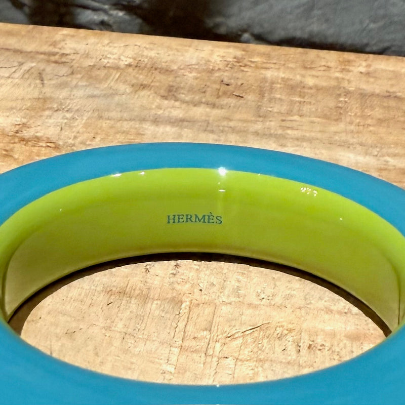 Hermès Blue Green Ariodante Wood Laqué Bangle Bracelet