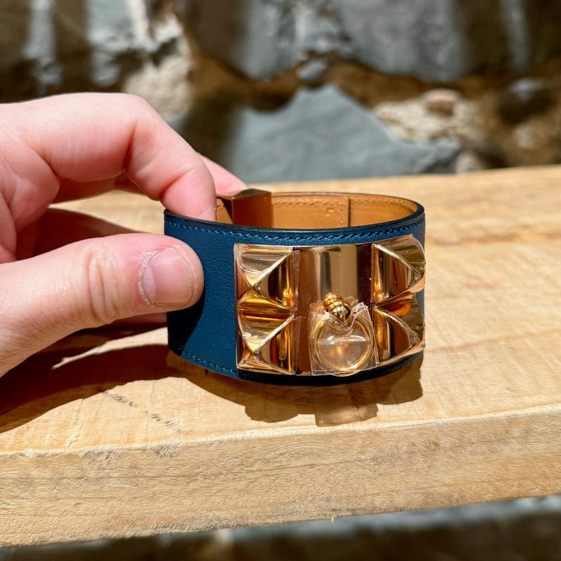 Hermès Blue Colvert Leather Rose Gold Collier De Chien Bracelet