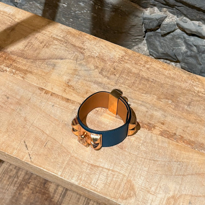 Hermès Blue Colvert Leather Rose Gold Collier De Chien Bracelet