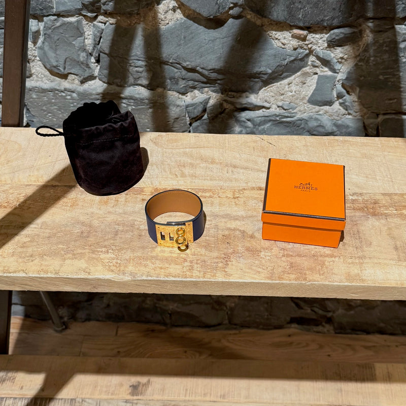 Branded box and pouch of Hermès Blue Saphir Swift Leather Gold Plated Kelly Dog Bracelet