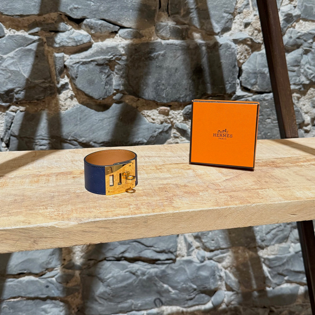 Main photo of Hermès Blue Saphir Swift Leather Gold Plated Kelly Dog Bracelet