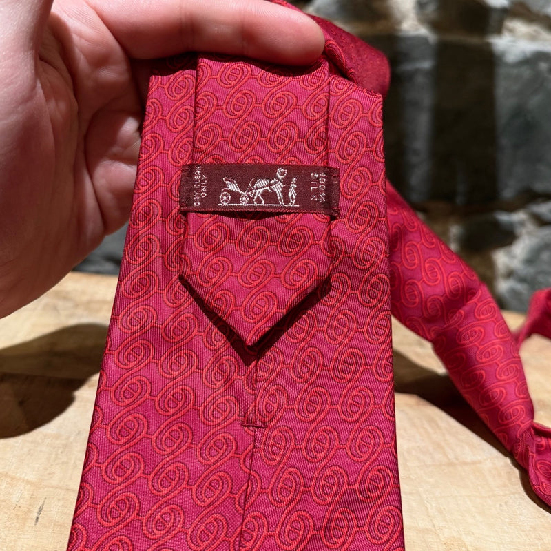 Brand detail of Hermès Chaine D'Ancre Pattern Raspberry Red Tonal Silk Tie