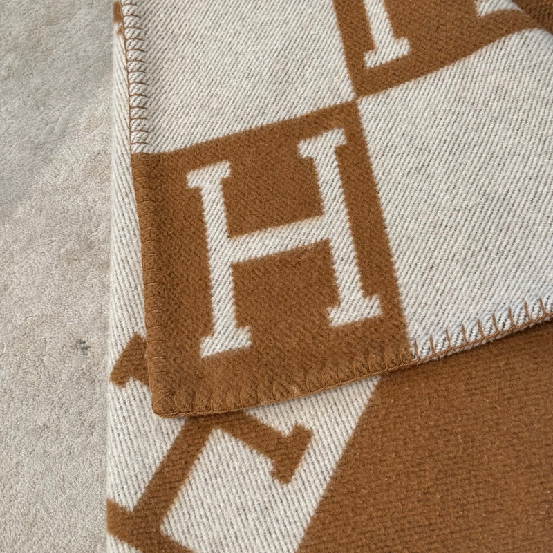 Hermès Ecru Camel Wool Cashmere Throw Blanket