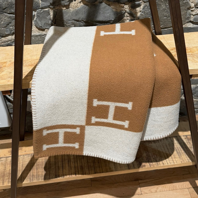 Hermès Ecru Camel Wool Cashmere Throw Blanket