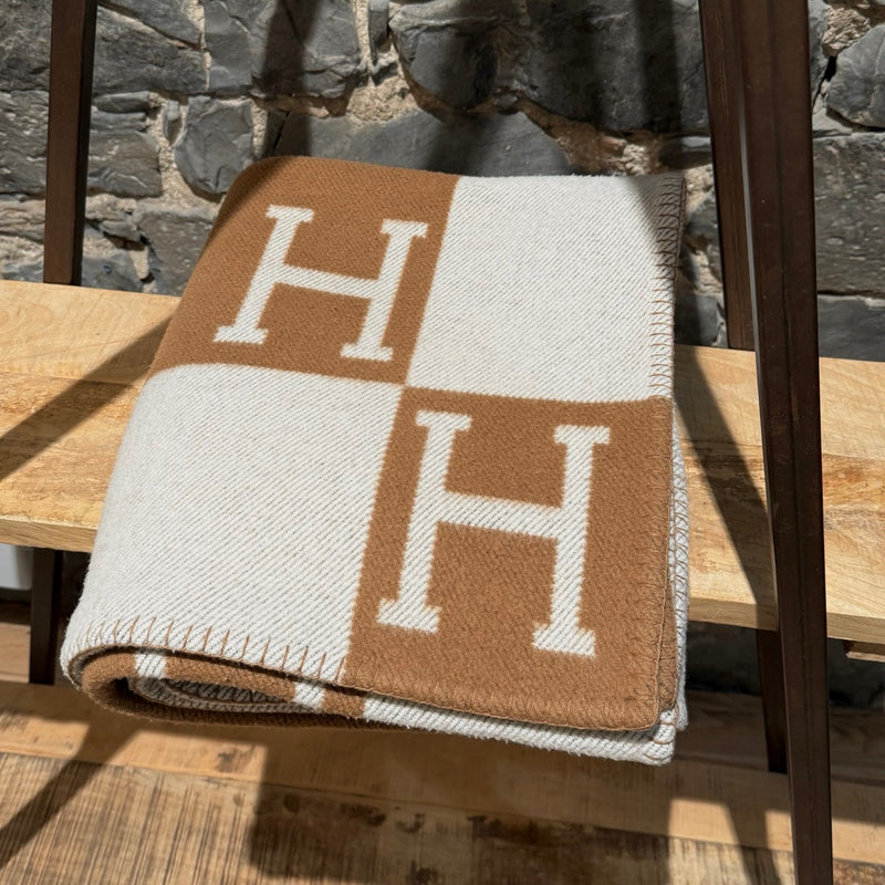 Hermès Ecru Camel Wool Cashmere Throw Blanket