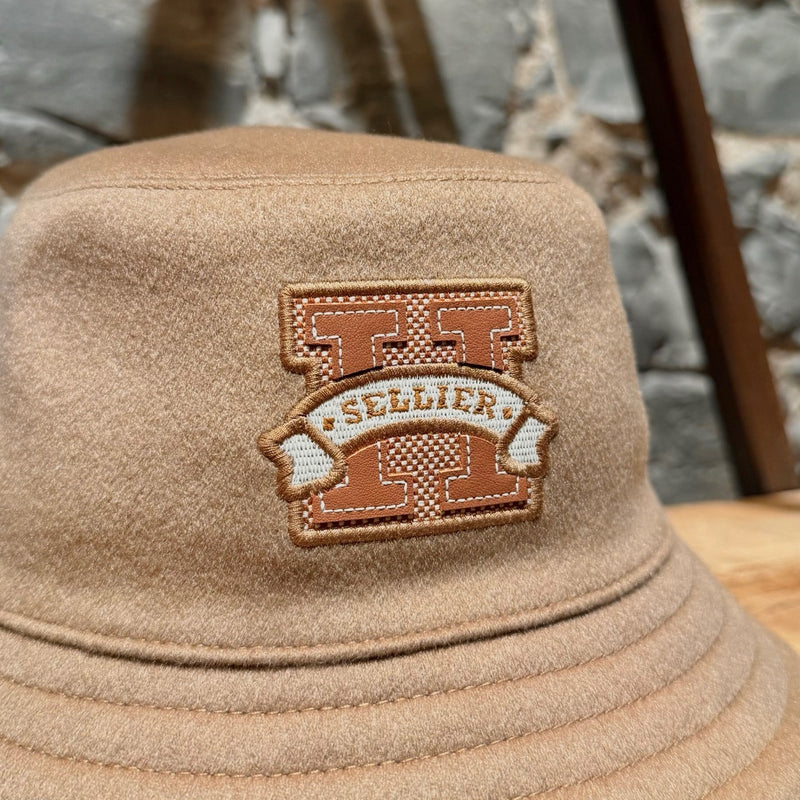 Brand patch on Hermès Harper H Sellier Beige Cashmere Bucket Hat