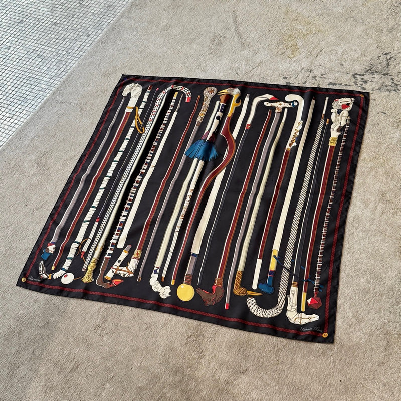 Fully displayed Hermès Les Cannes Black Silk 90 Square Scarf