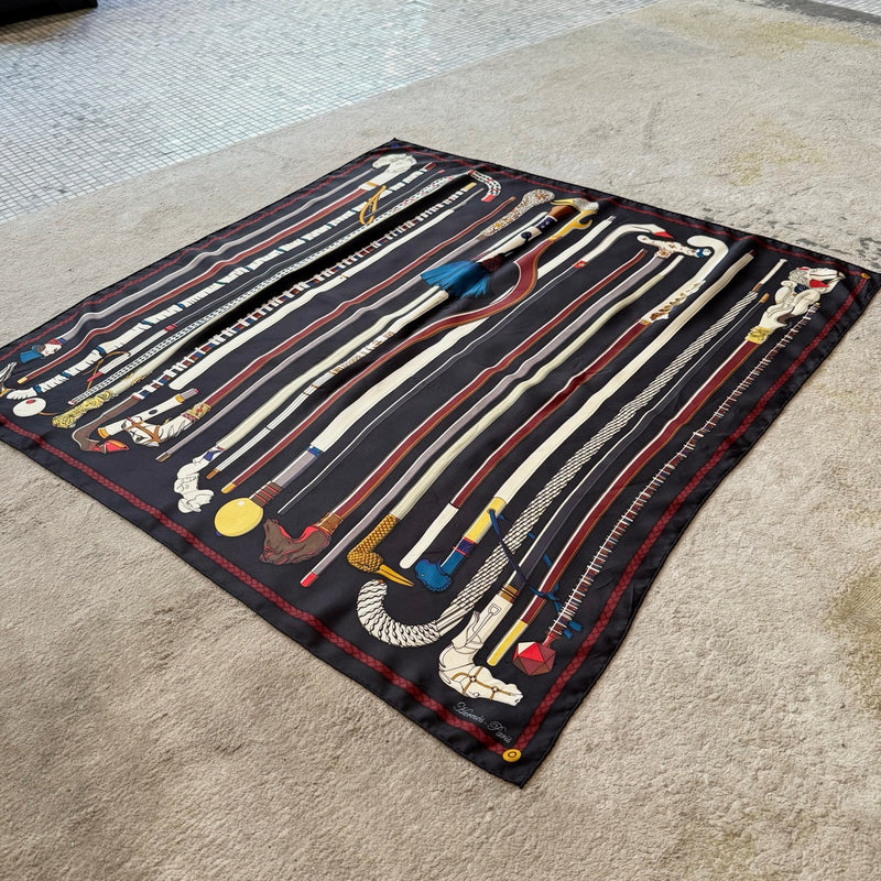 Fully displayed Hermès Les Cannes Black Silk 90 Square Scarf