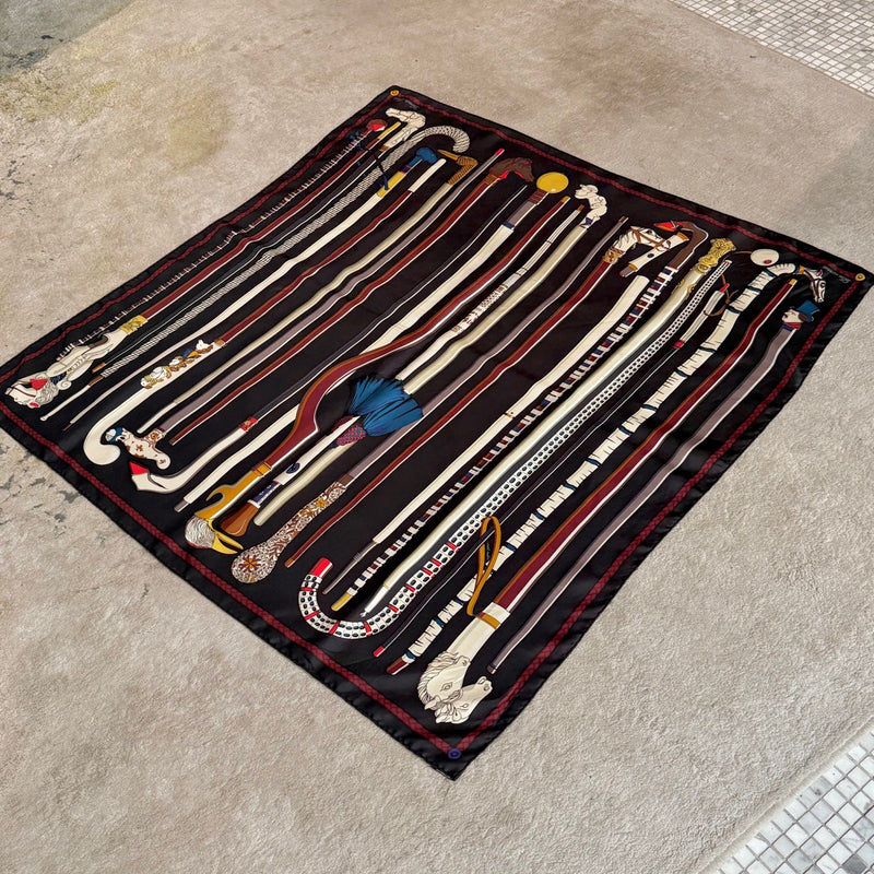 Fully displayed Hermès Les Cannes Black Silk 90 Square Scarf