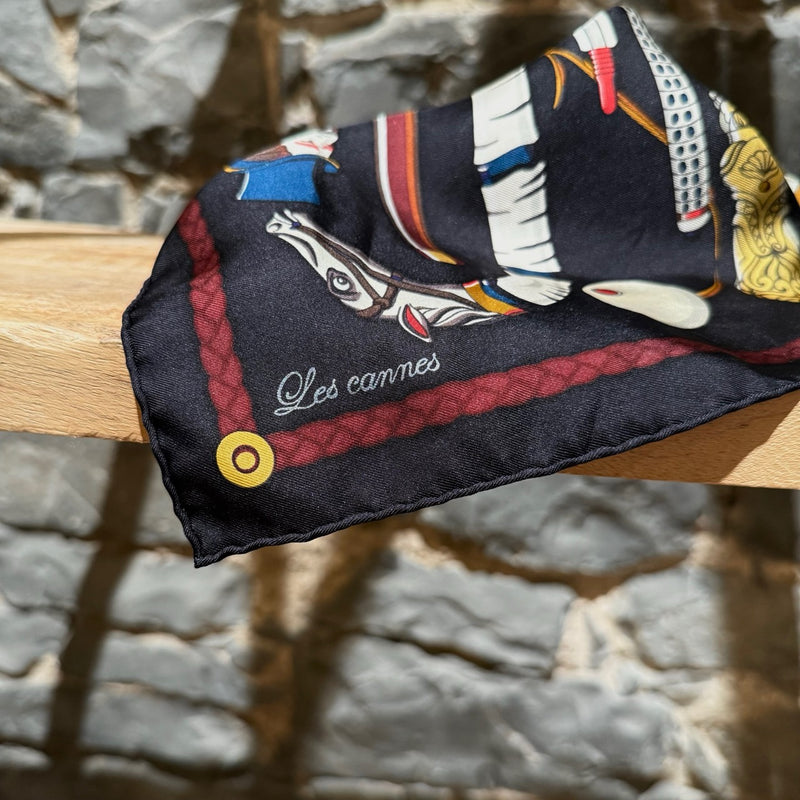 Close-up on Hermès Les Cannes Black Silk 90 Square Scarf