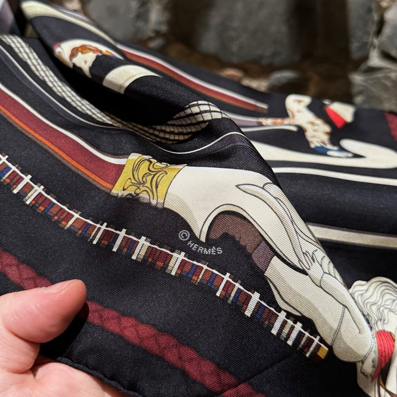 Close-up on Hermès Les Cannes Black Silk 90 Square Scarf