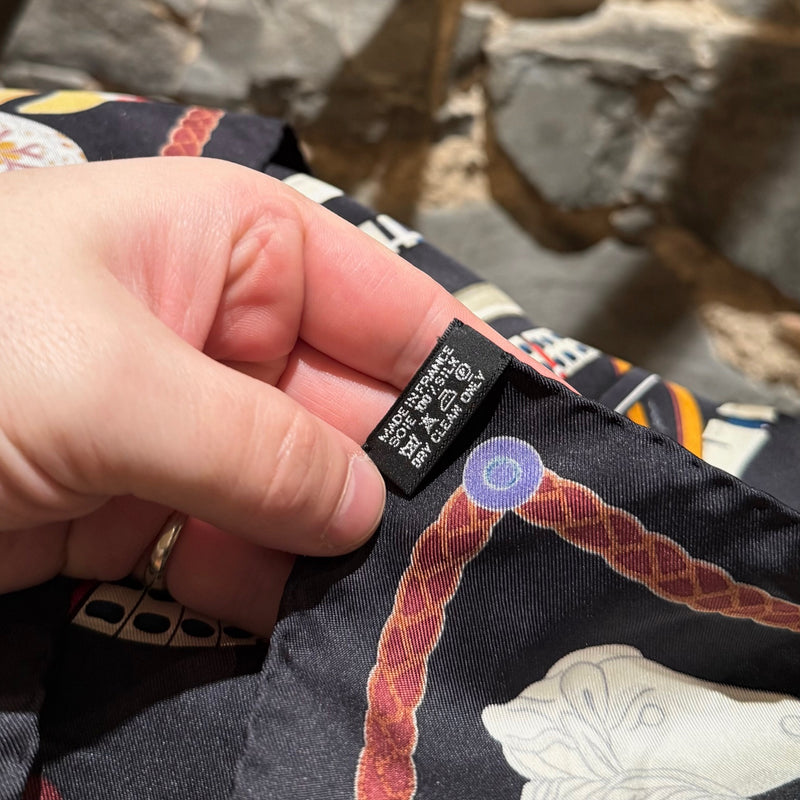 Labels of Hermès Les Cannes Black Silk 90 Square Scarf
