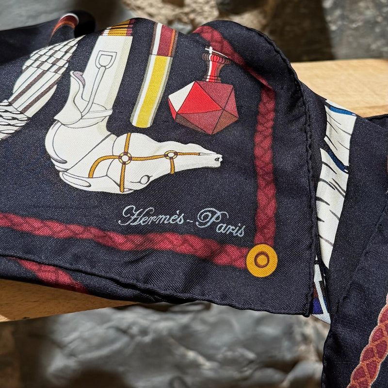 Close-up on Hermès Les Cannes Black Silk 90 Square Scarf