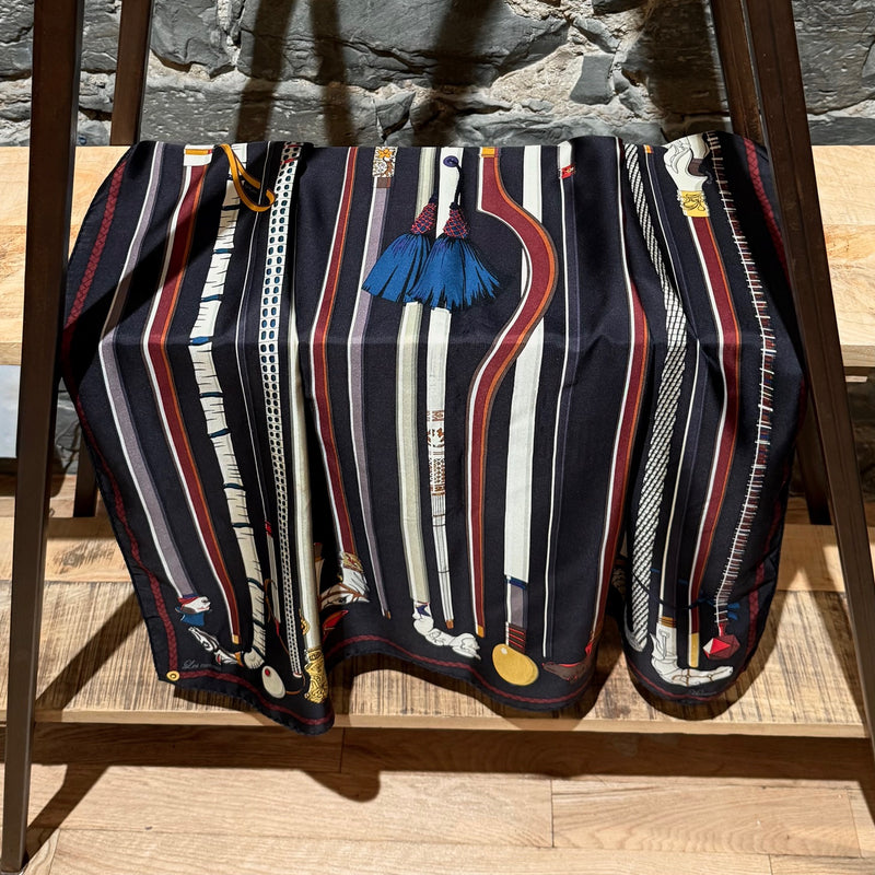 Hermès Les Cannes Black Silk 90 Square Scarf