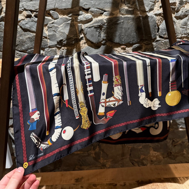 Hermès Les Cannes Black Silk 90 Square Scarf