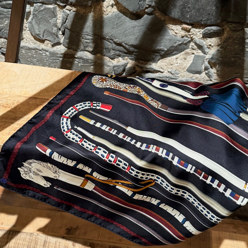 Hermès Les Cannes Black Silk 90 Square Scarf