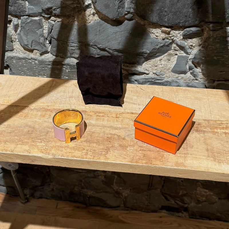 Branded Box and pouch of Hermès Pink Enamel Extra Wide Clic Clac H Gold Plated Bracelet
