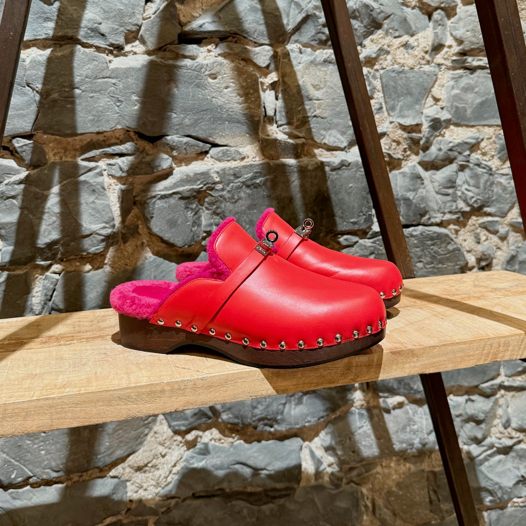 Main photo of Hermès Red Leather Fuschia Shearling Carlotta Clogs