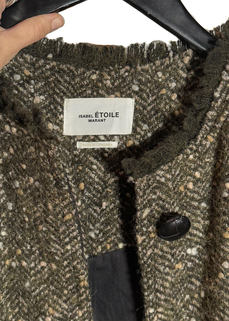 Close up on fringed collar plus brand label of Isabel Marant Etoile Green Tweed Jardy Wool Long Coat