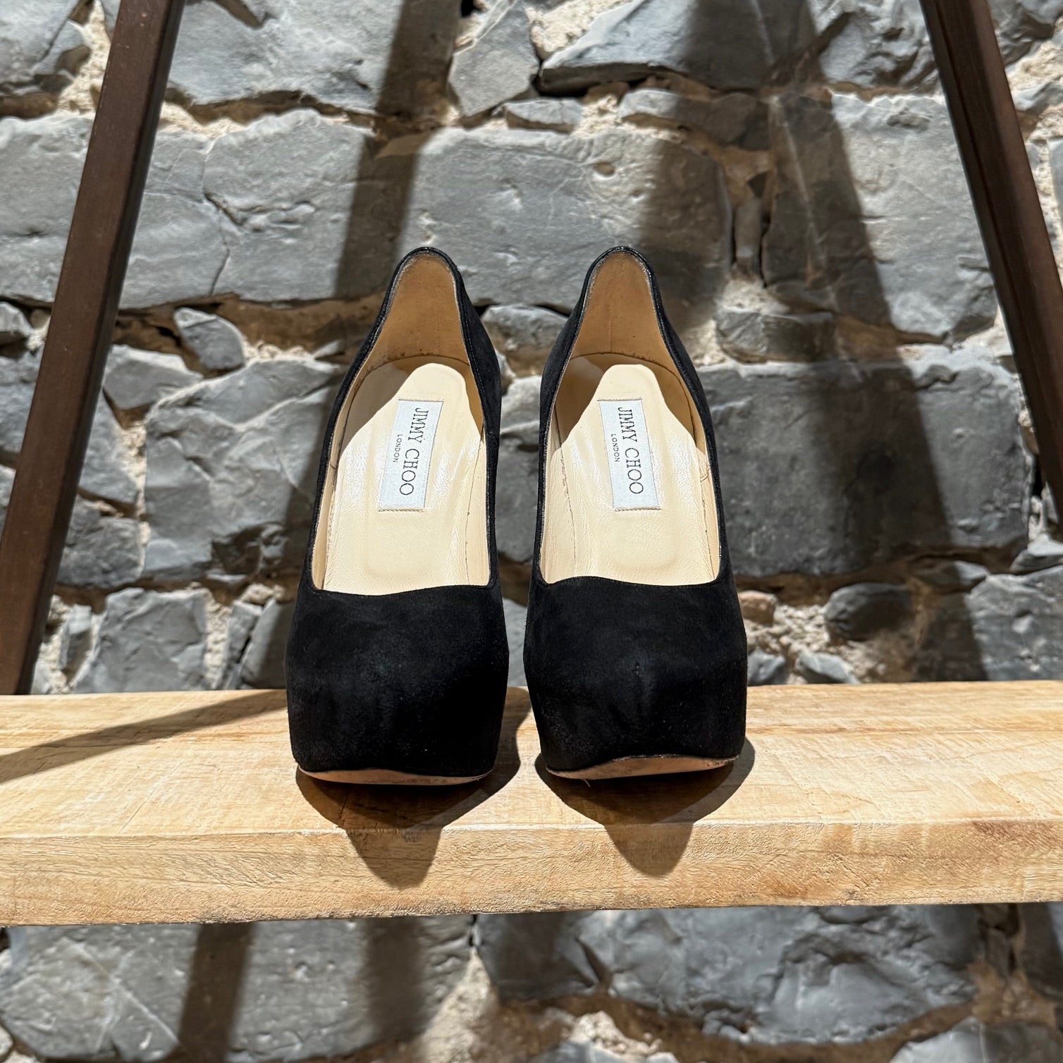 Jimmy Choo Black Suede Crystal Embellished Heels Platform Esam 