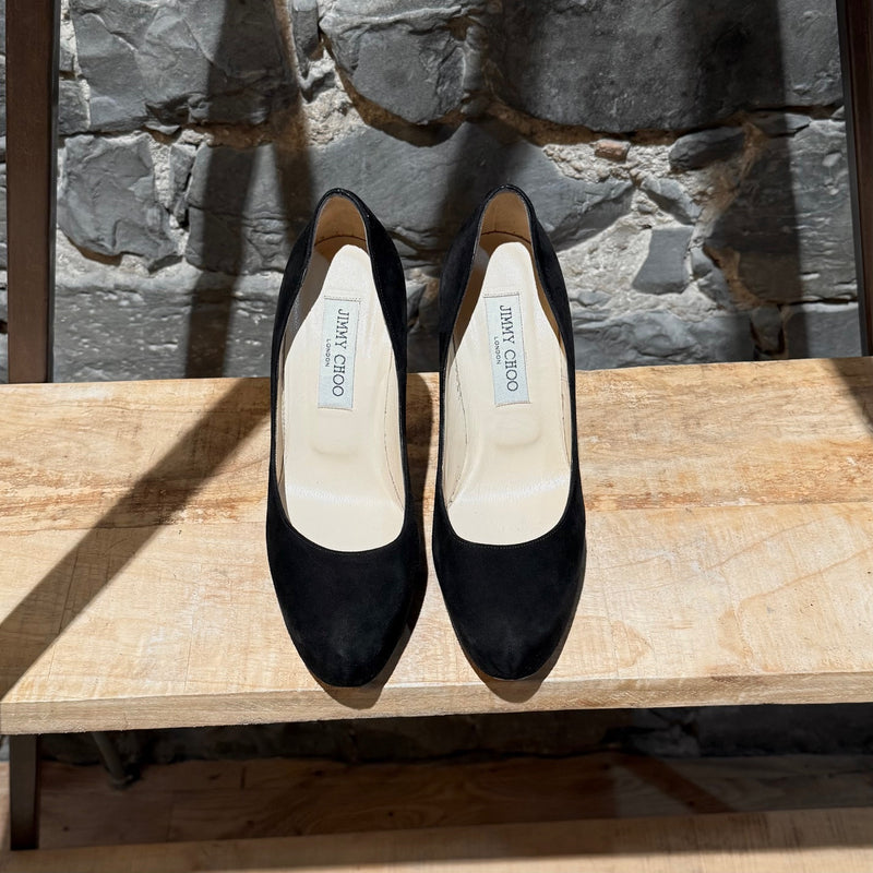 Jimmy Choo Black Suede Crystal Embellished Heels Platform Pumps