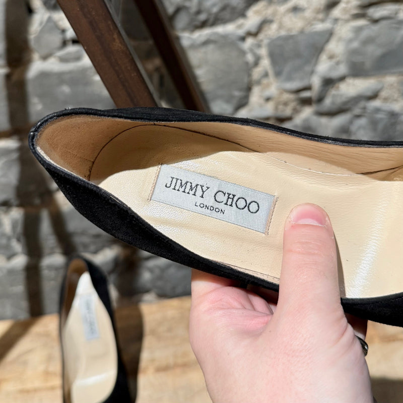 Jimmy Choo Black Suede Crystal Embellished Heels Platform Pumps