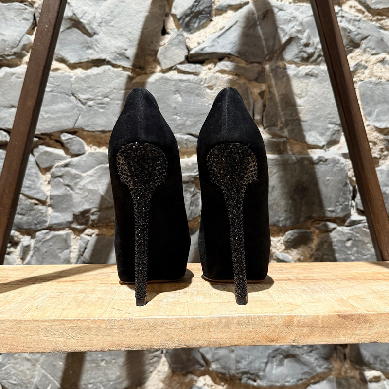 Jimmy Choo Black Suede Crystal Embellished Heels Platform Pumps